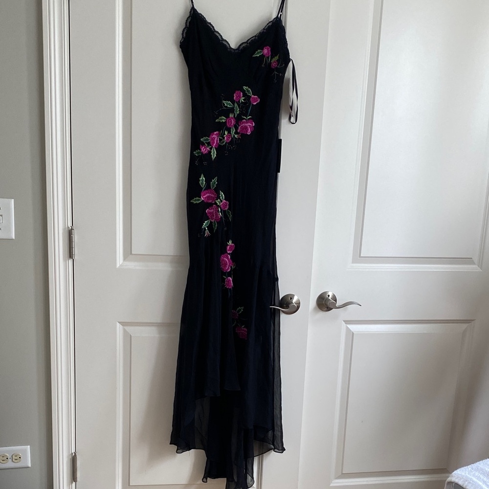 Black Maxi Slip Dress with Pink Floral Embroidery - Picture 5 of 11